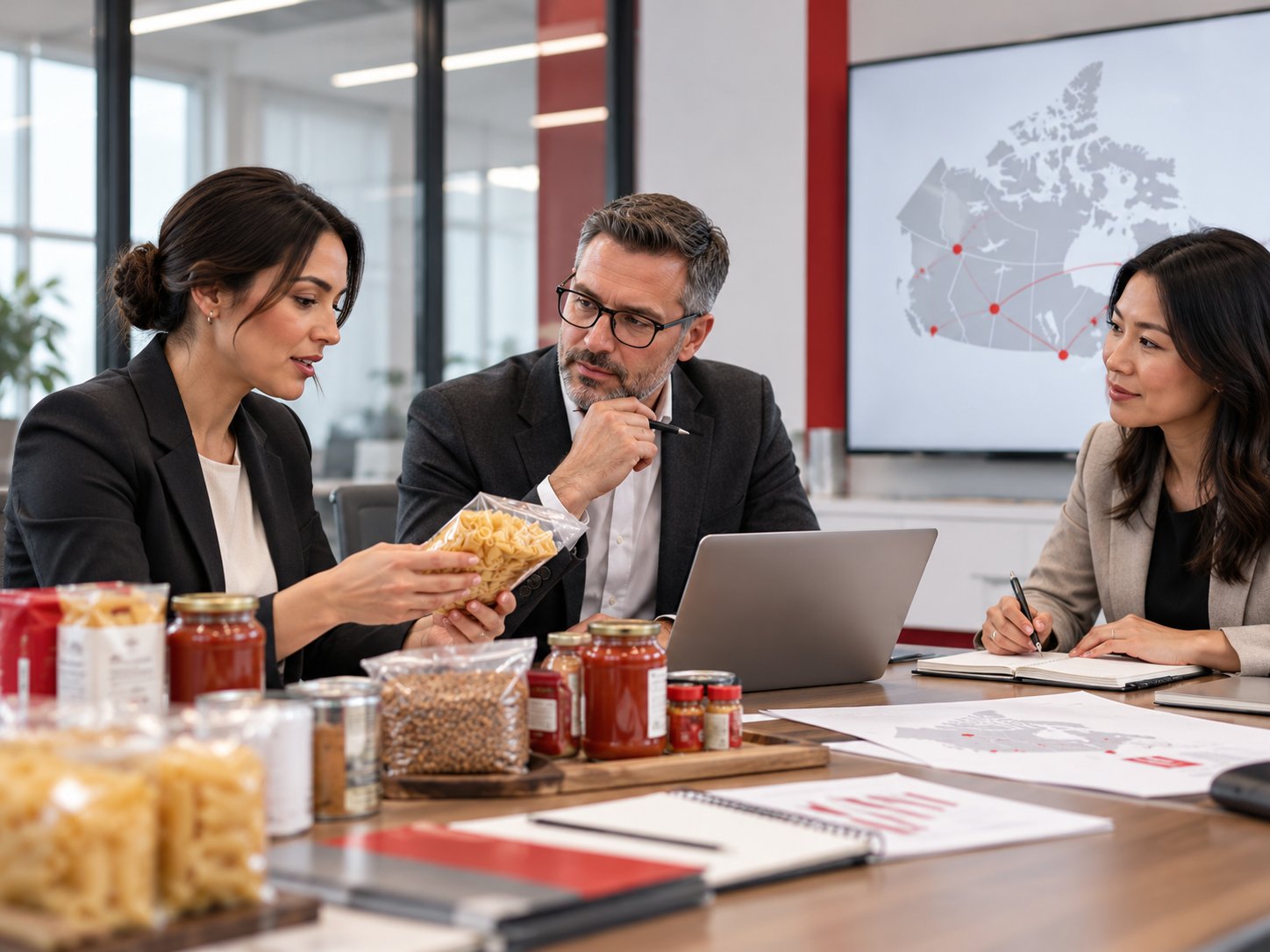 Professionals reviewing food products and strategy around a boardroom table