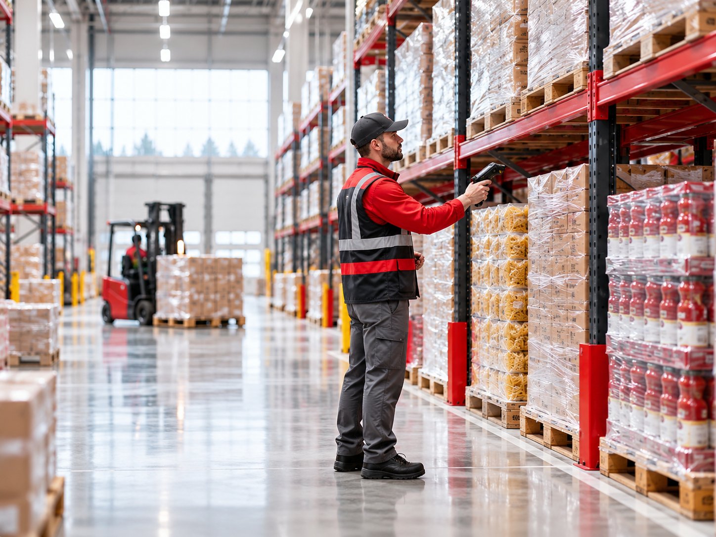 A warehouse associate scanning inventory in a dry-food distribution center